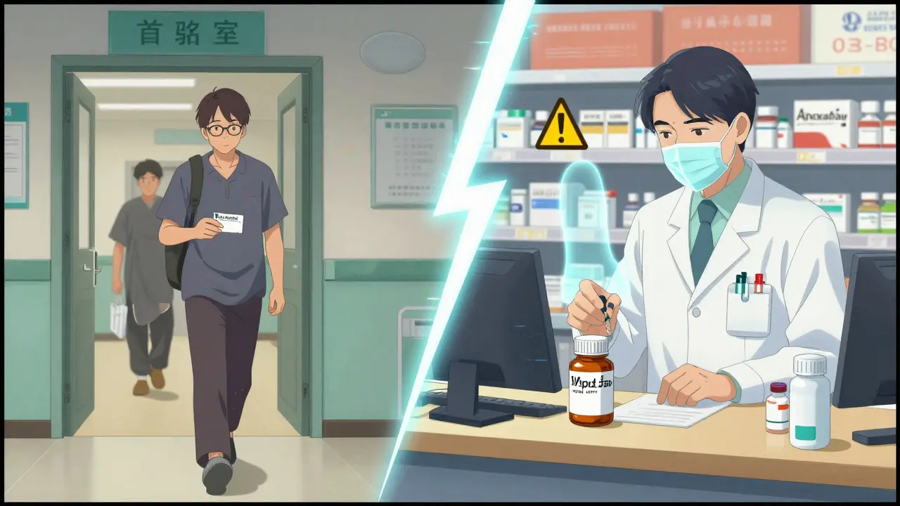 Patient exits hospital with old prescription as ghost drug image appears, showing dangerous substitution mismatch.