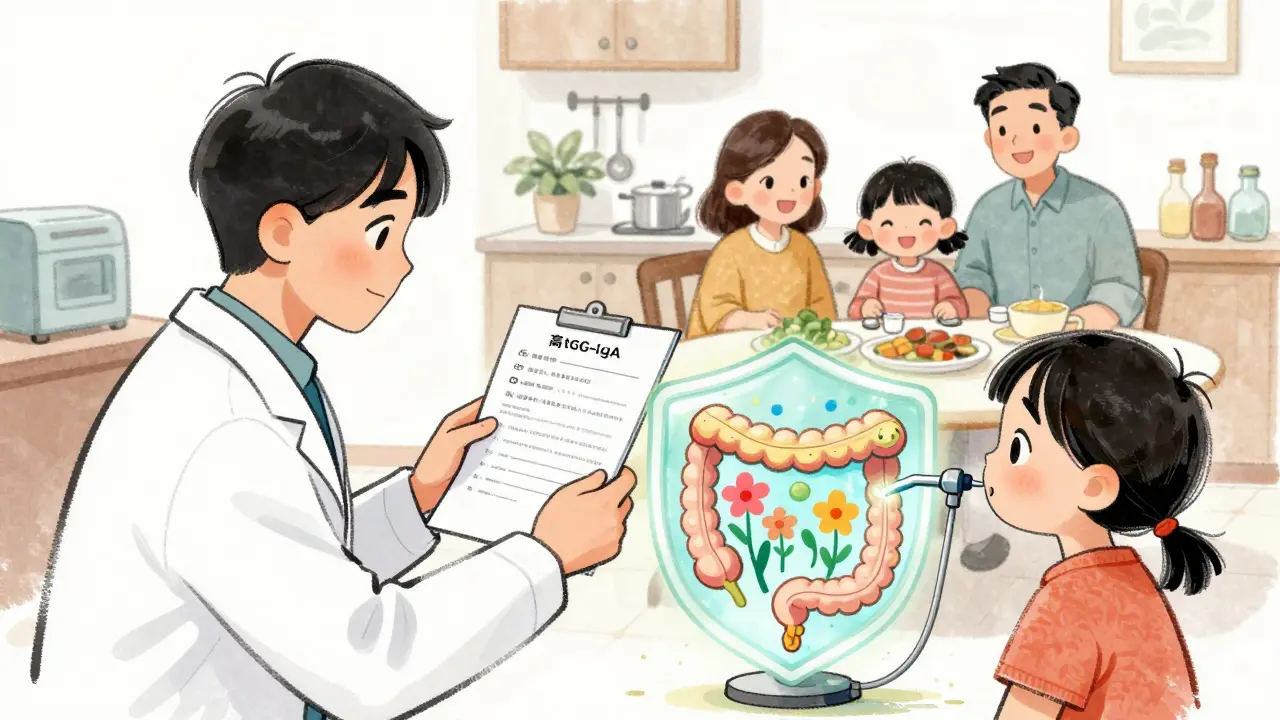 Pediatrician reviewing blood test as child undergoes endoscopy, healing villi blooming like flowers inside intestine.