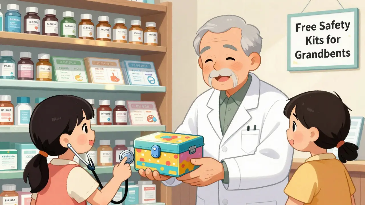 Pharmacist gives a lockbox to a grandfather with arthritis, while his granddaughter holds a toy stethoscope.