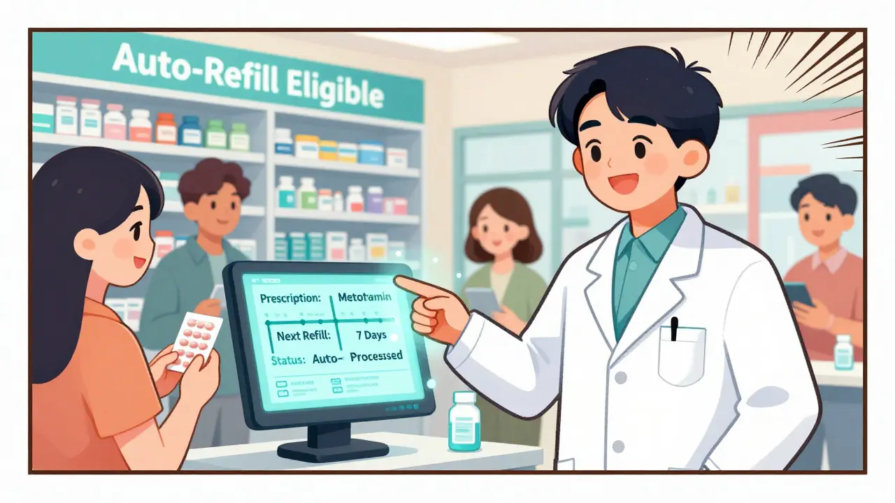 Pharmacist shows auto-refill timeline on computer screen to smiling patients in a bright pharmacy.