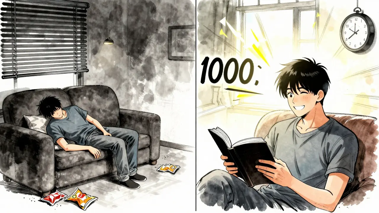 Split illustration: a depressed person on a couch vs. the same person revitalized by morning light therapy.