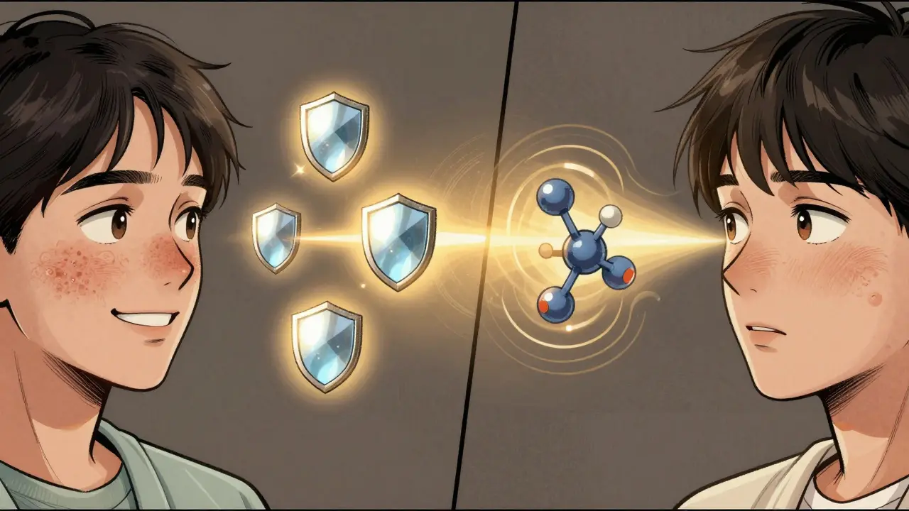 Split illustration: mineral sunscreen as reflective shields vs chemical sunscreen absorbing UV rays as heat waves.