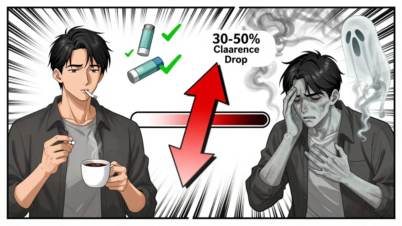 Split image of a man before and after quitting smoking, showing dramatic drop in theophylline clearance.