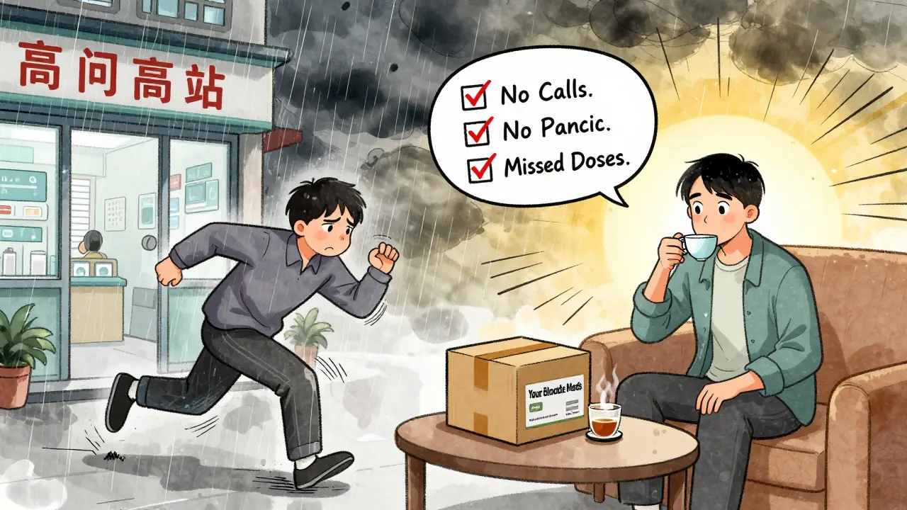 Split scene: frustrated patient in rain vs. calm person receiving medication delivery at home.