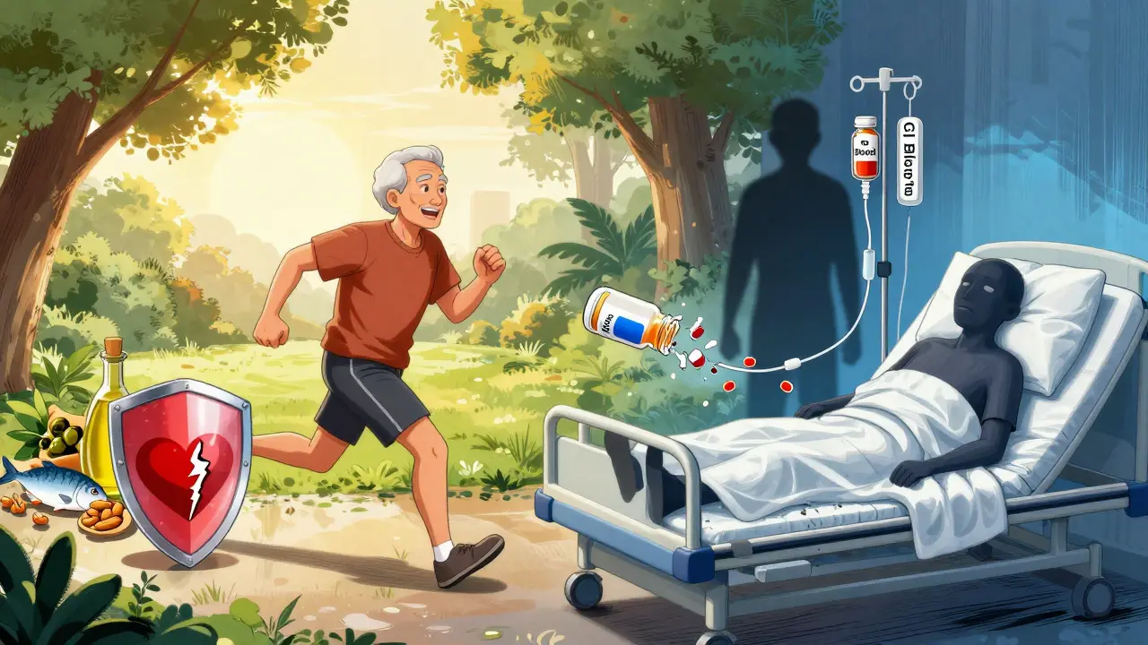 Split scene: healthy lifestyle on one side, bleeding risks on the other.