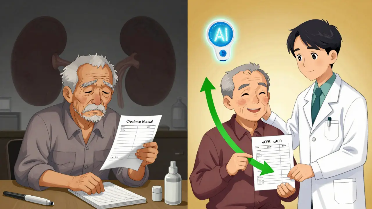 Split scene: one side shows missed diagnosis with fading kidney, the other shows early detection with hopeful light.