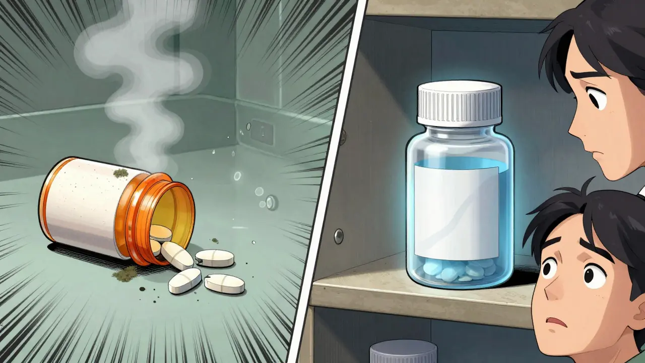 Split scene: pill ruined in bathroom vs. safely stored in dry cupboard, showing moisture damage prevention.