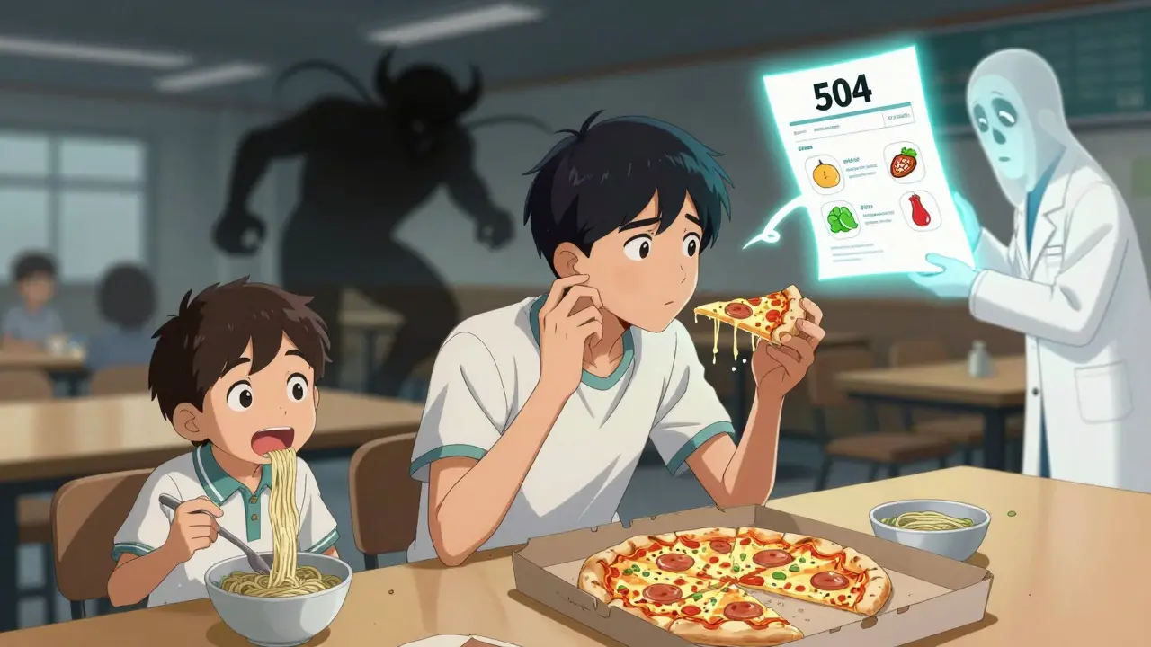 Teen at school cafeteria tempted by pizza, ghostly gluten demons nearby, choosing gluten-free food with support.