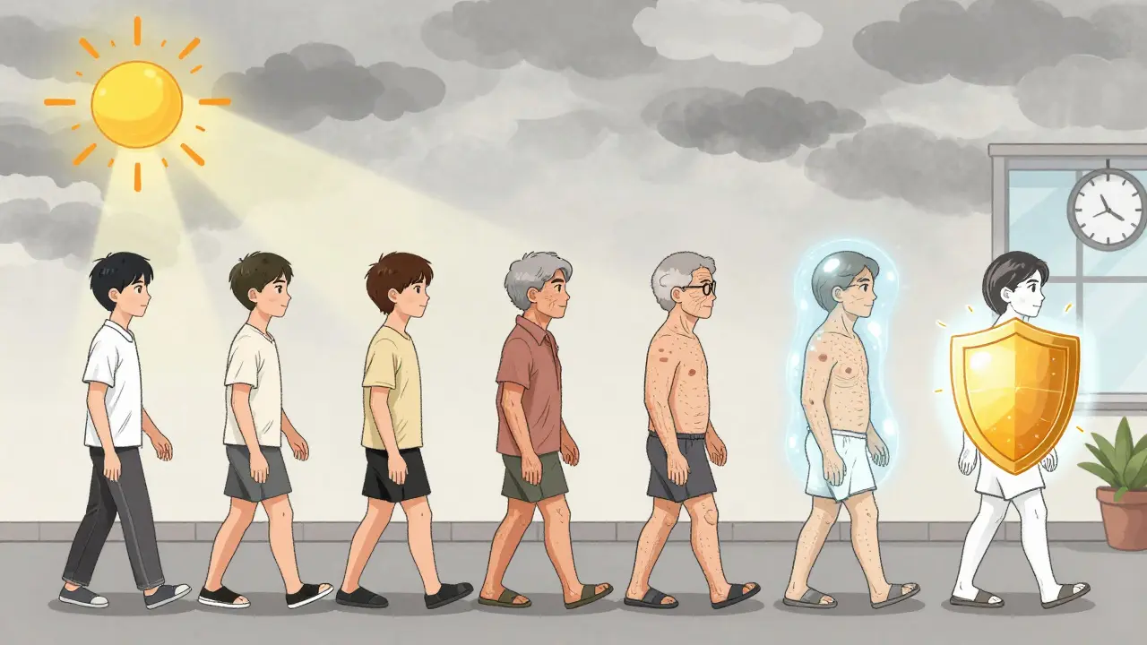 Time-lapse of skin aging with and without sunscreen, one side glowing with protection, the other showing wrinkles and spots.