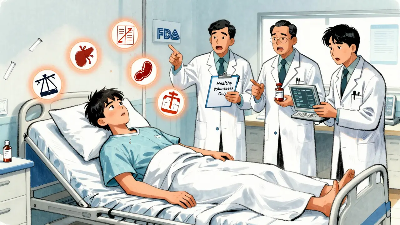 Transplant patient in bed surrounded by lab results and FDA scale icons, doctors arguing about generic substitution.