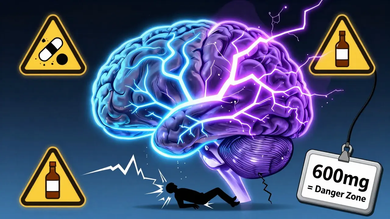 A brain with dangerous electrical surges from overdose, highlighting seizure risk from bupropion.