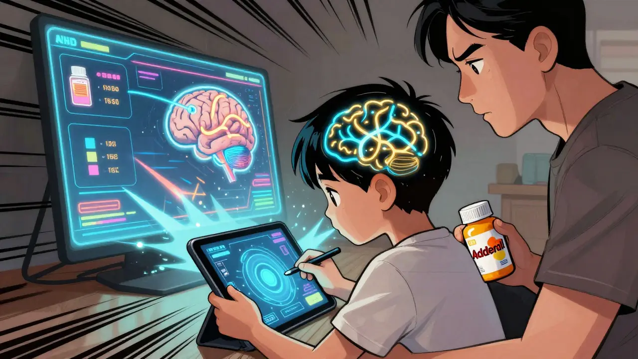 A child playing an ADHD treatment game with glowing neural pathways in their brain while taking stimulant medication.