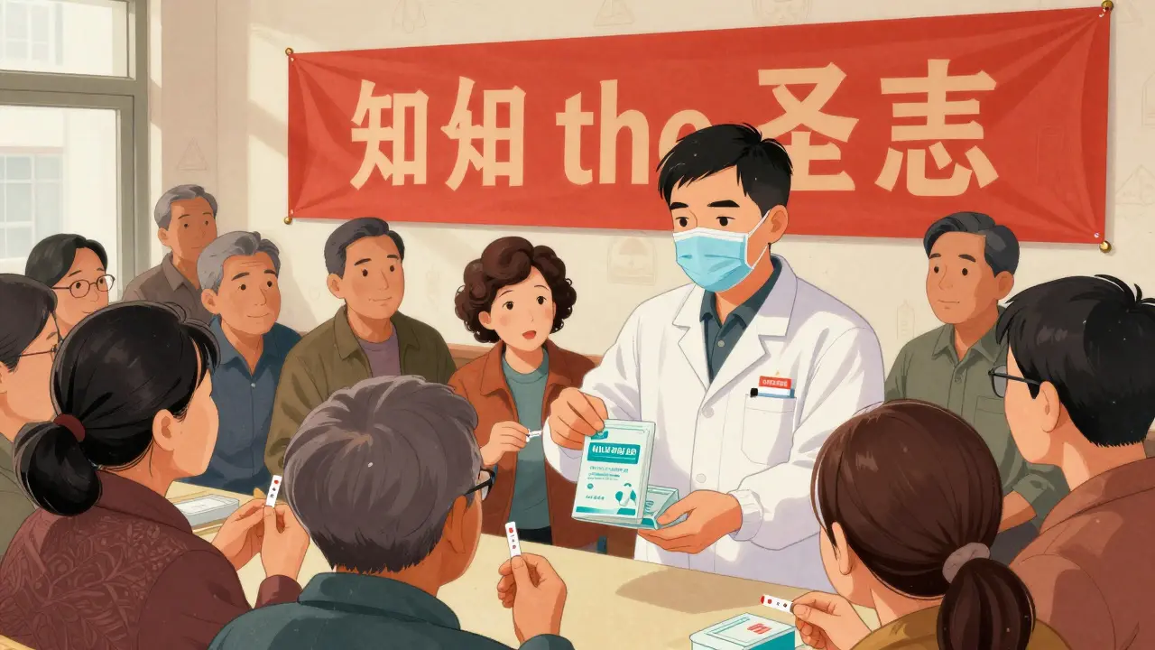 A community worker distributing naloxone kits alongside people learning about fentanyl test strips.