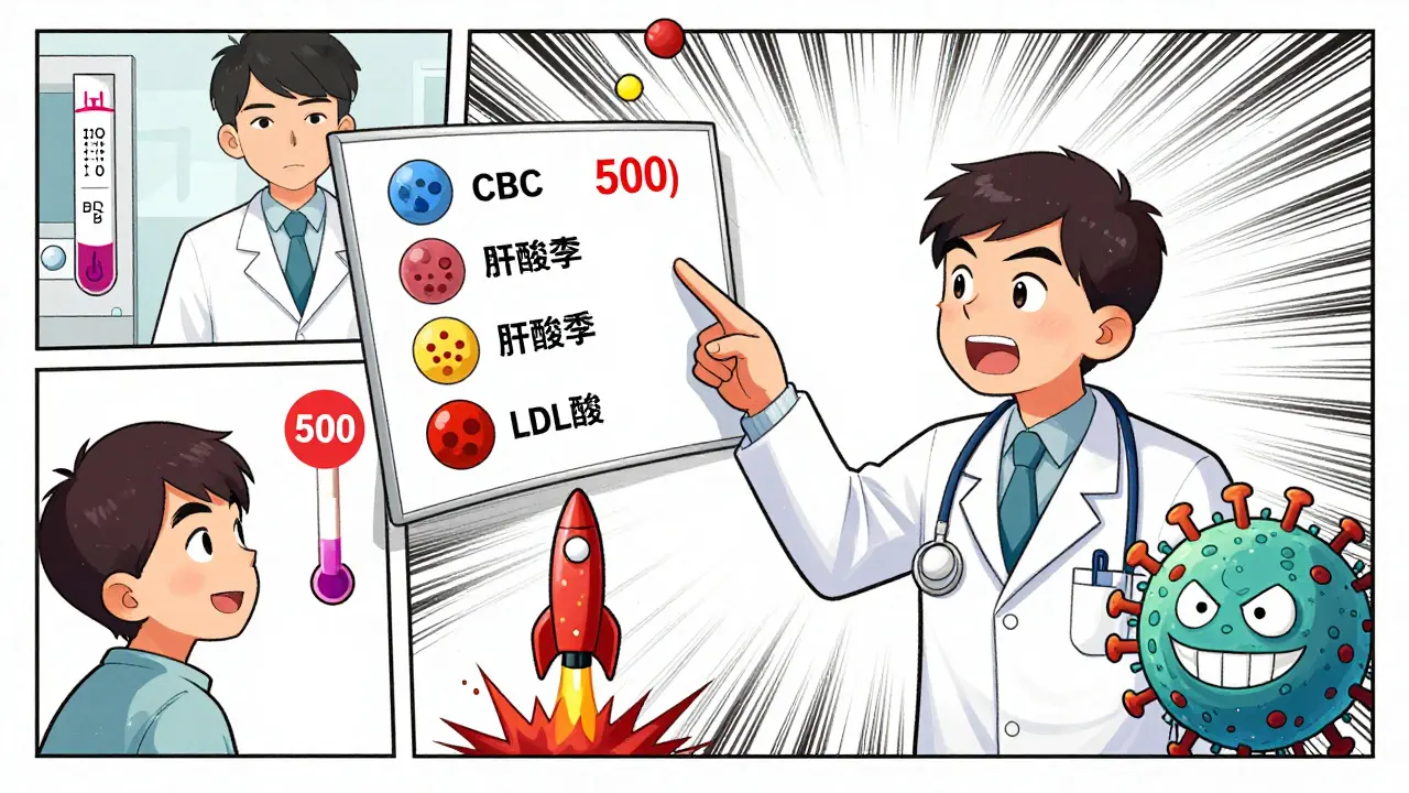 A doctor explaining blood test results with icons for cholesterol, lymphocytes, and shingles risk.