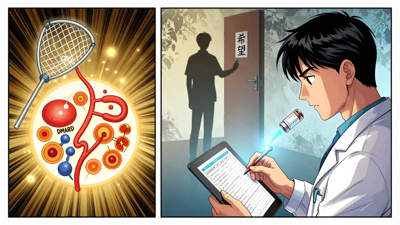 A doctor reviews blood tests while immune system diagrams show how DMARDs and biologics work differently.