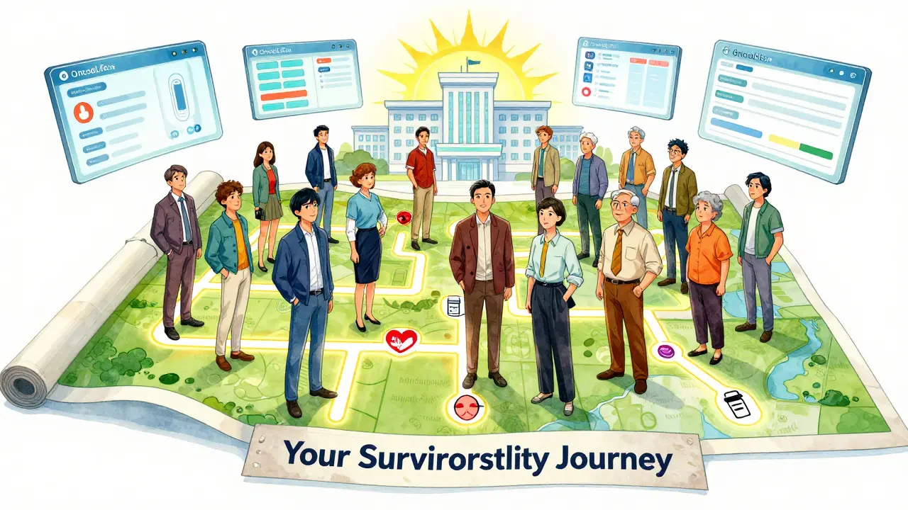 A group of survivors stand beneath a glowing map of personalized health pathways, symbolizing personalized follow-up care.