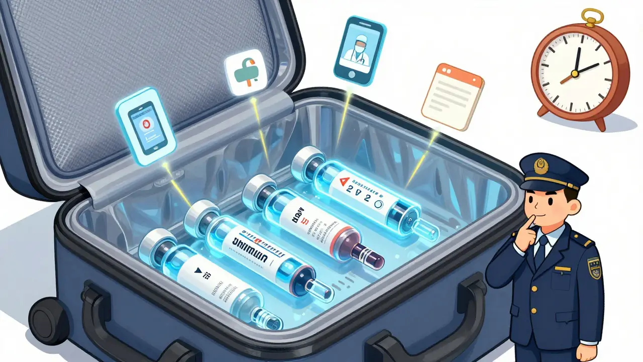 A medical cooler with insulin vials glows safely in a carry-on, watched over by a TSA agent and a ticking clock.