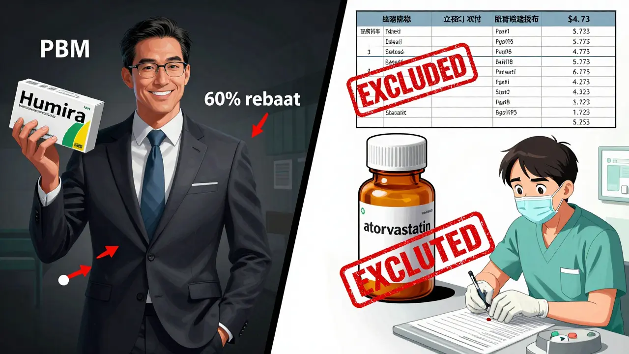 A PBM executive profits from brand drug rebates while a cheap generic drug is rejected with an 'EXCLUDED' stamp.