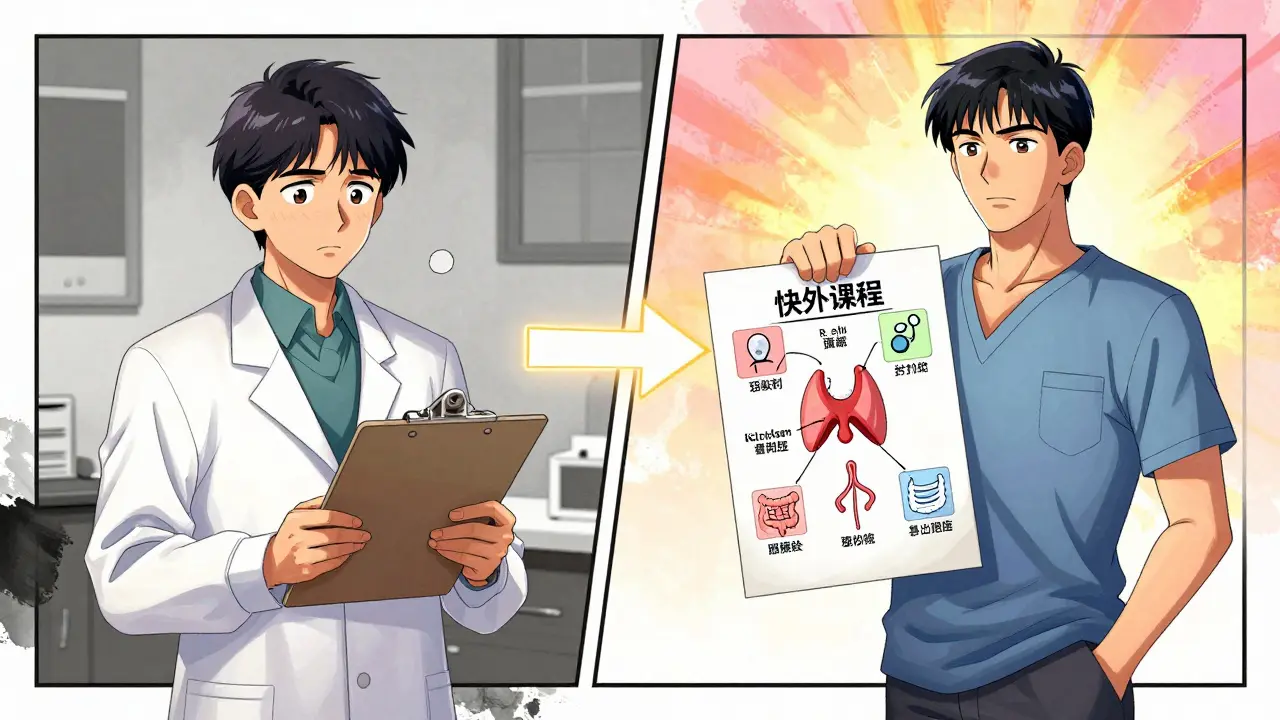 A primary care doctor receives a detailed survivorship plan from a patient, shown in a split-panel manhua illustration.