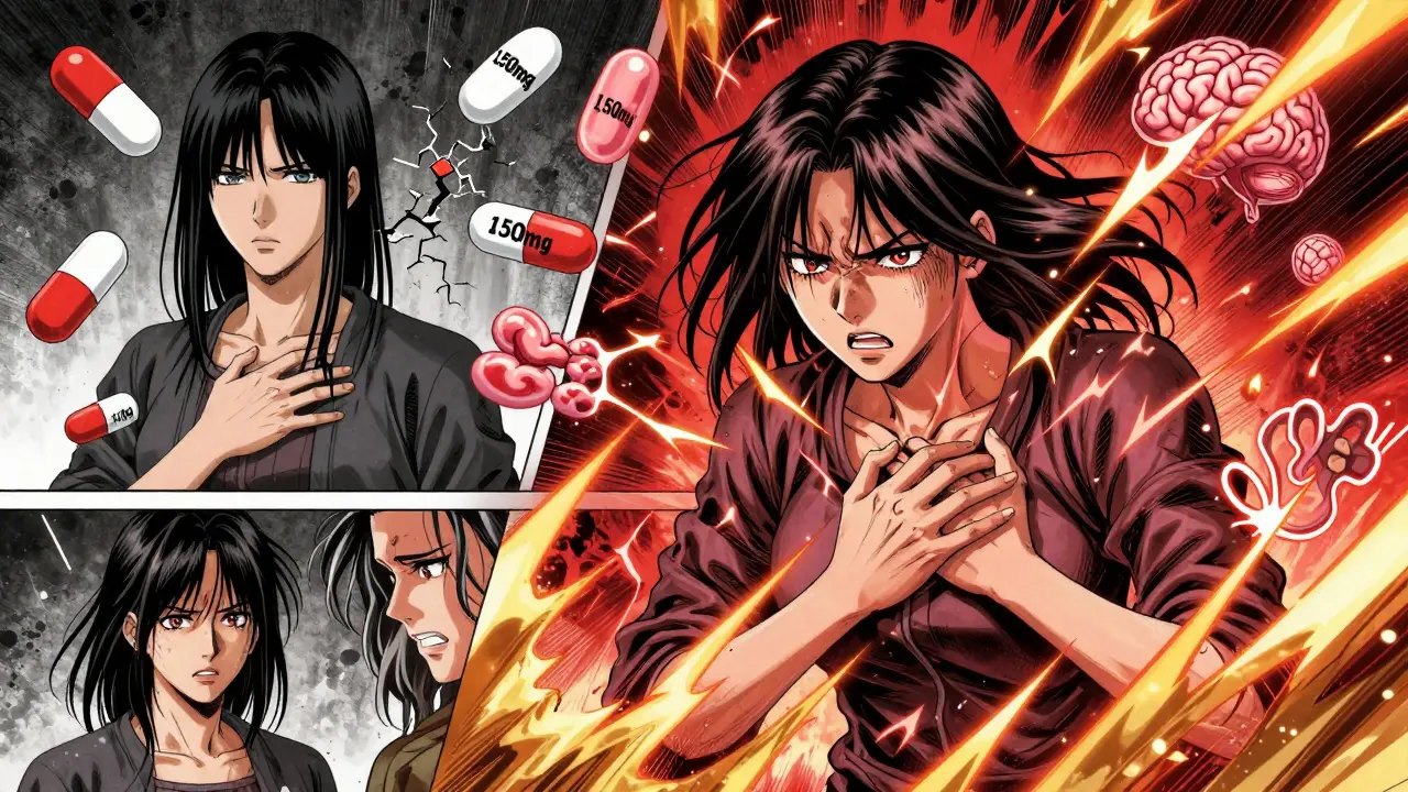 A woman overwhelmed by anxious energy waves, showing bupropion's temporary anxiety side effect.