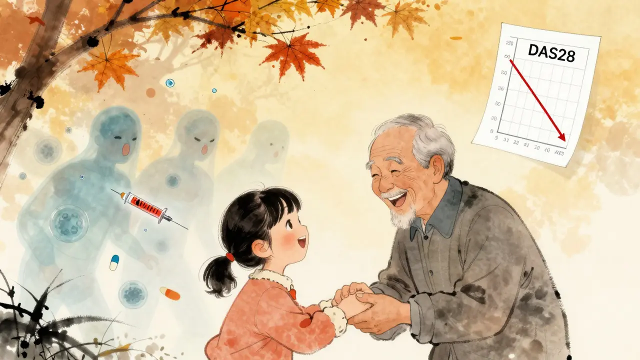 An elderly man holds his granddaughter's hand, with fading immune cells behind them symbolizing disease control.