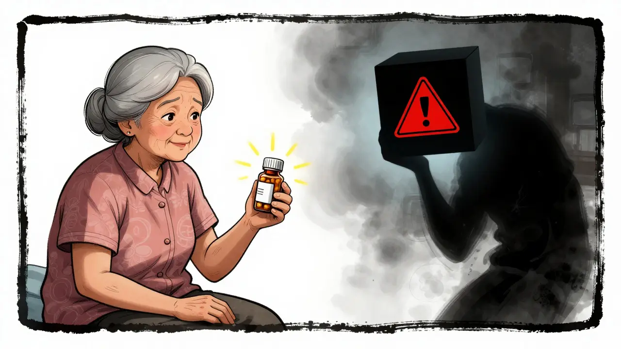 Contrasting image of a thriving patient versus one under shadow of serious JAK inhibitor risks.