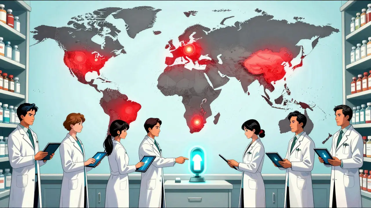 Global map showing counterfeit drug hotspots as pharmacists pass a verification device across continents.