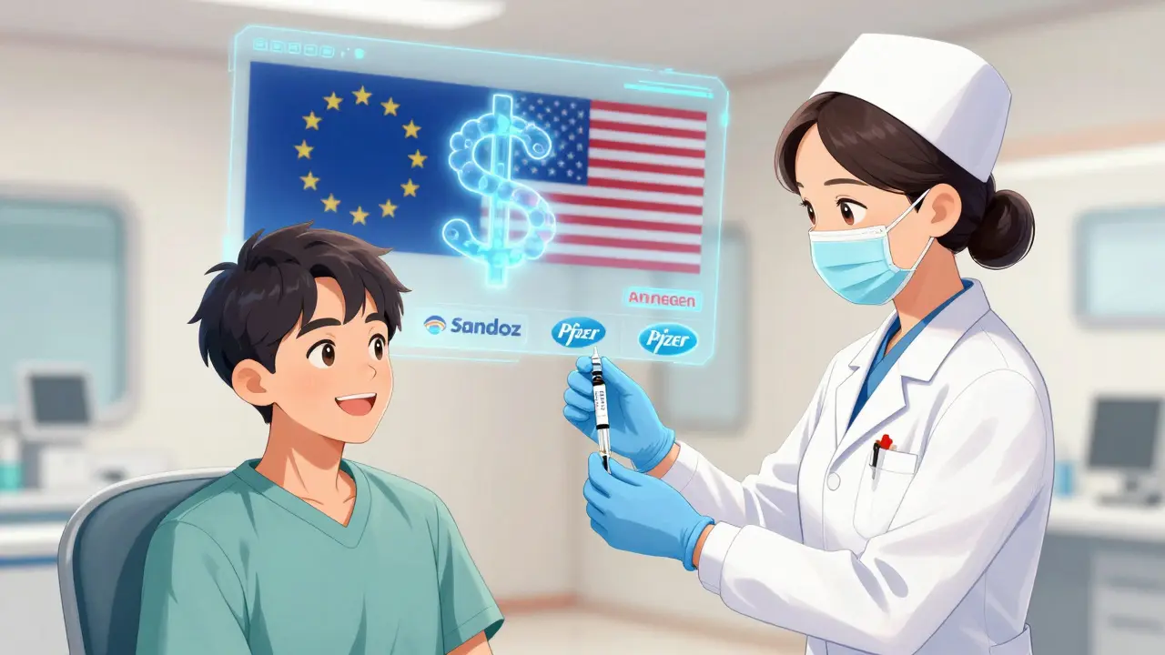 Patient receiving biosimilar injection with holograms of U.S. and Europe merging in manhua art style.