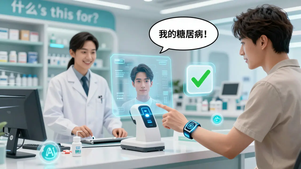 Patient uses fingerprint scanner at high-tech pharmacy as pharmacist asks about medication purpose, hologram confirms identity.