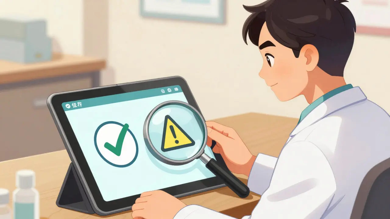 Pharmacist reviewing pill icons with checkmark and caution symbols on tablet