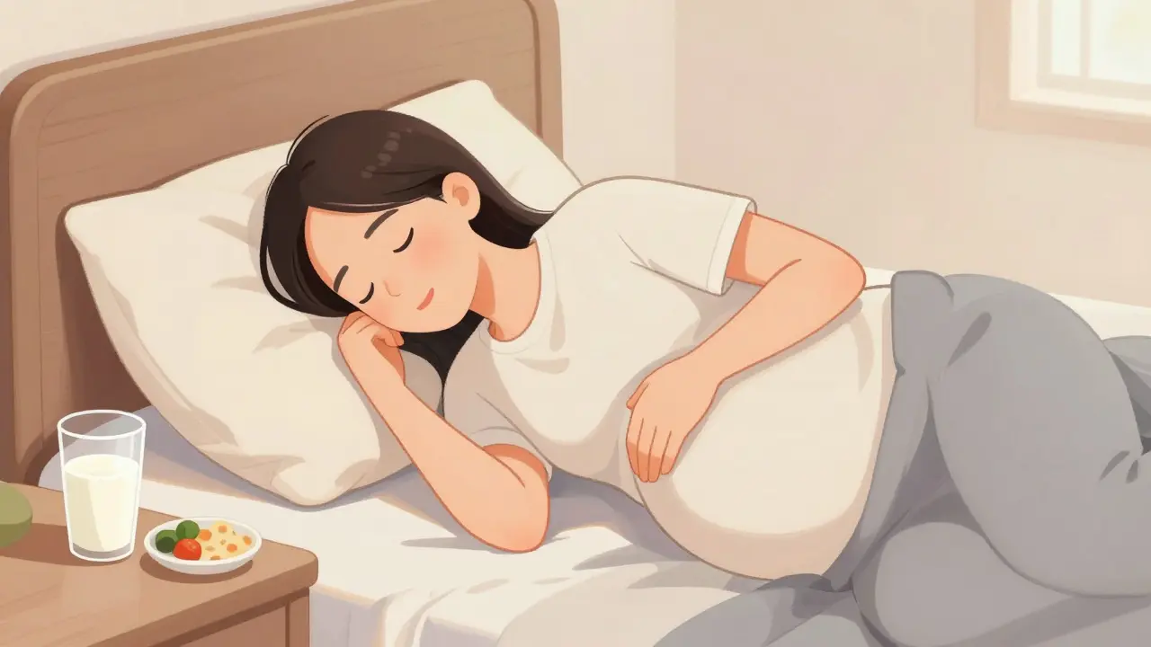 Pregnant person sleeping with elevated head and milk for heartburn relief
