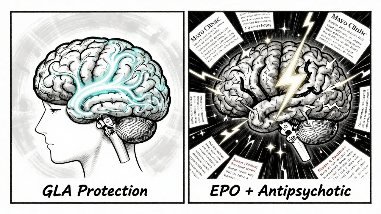 Split-brain illustration showing calm neural pathways versus chaotic seizures from EPO and antipsychotic interaction.