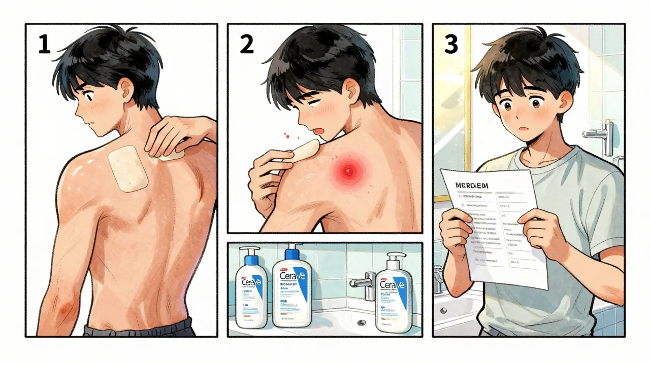 Three-panel timeline showing patch test process ending with clear skin and safe products