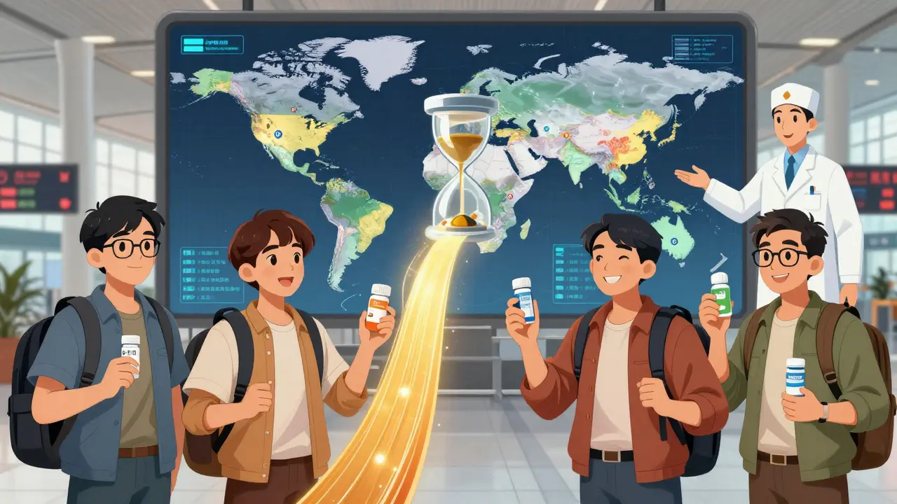 Travelers send golden time paths into a global map, symbolizing perfectly timed medication schedules across time zones.