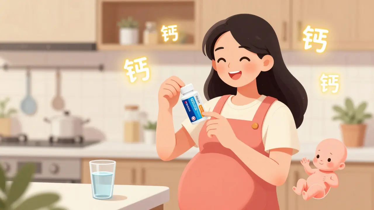 Woman taking Tums antacids with calcium symbols for baby's development