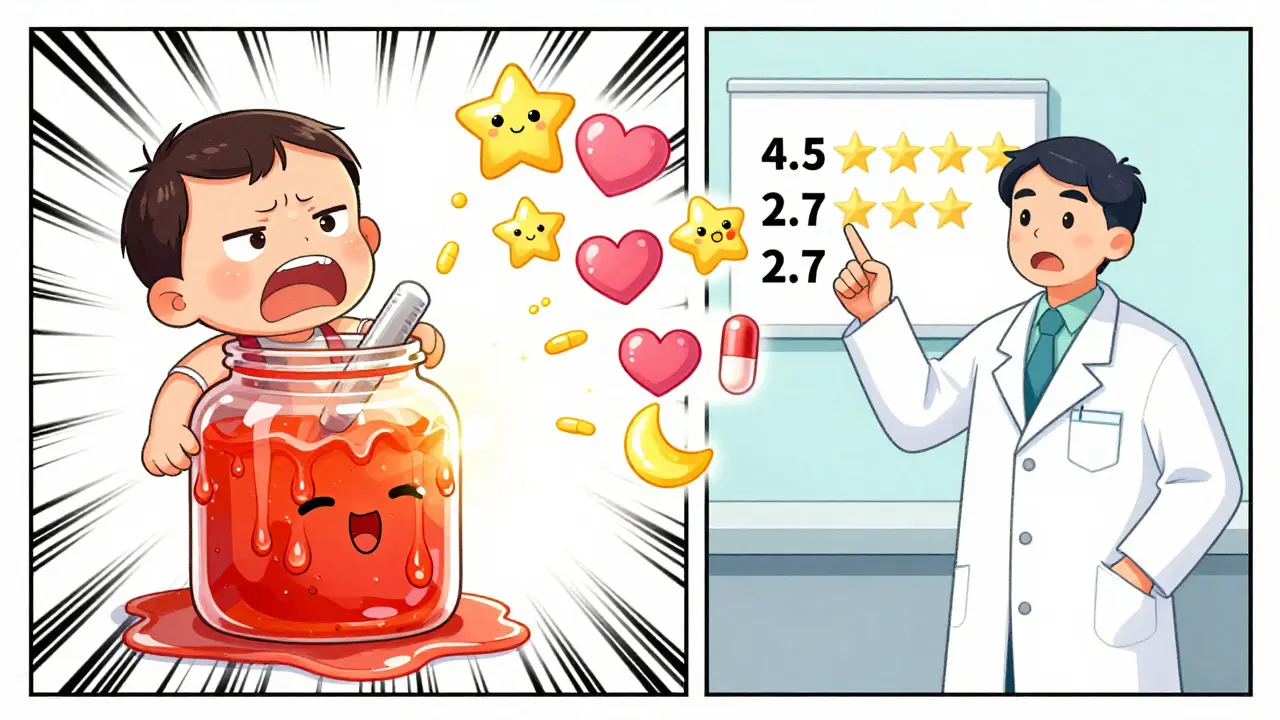 A child rejecting a messy liquid medicine as colorful mini-tablets float attractively beside it.