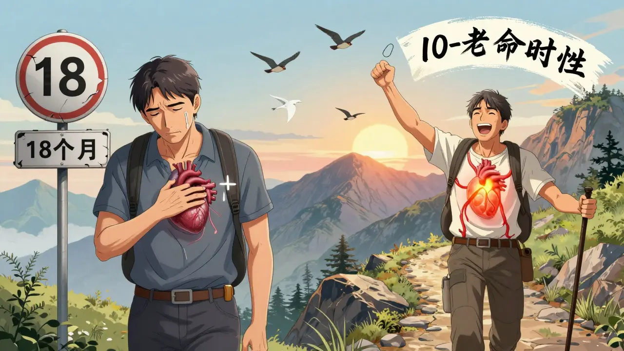 A diabetic man compares life after stent failure vs. CABG recovery, hiking happily with a durable heart graft glowing brightly.