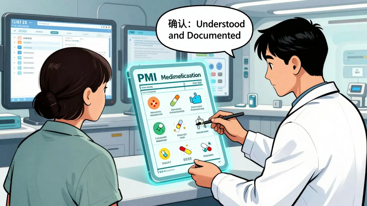A doctor and patient reviewing a glowing PMI medication label with interactive icons in a futuristic clinic.