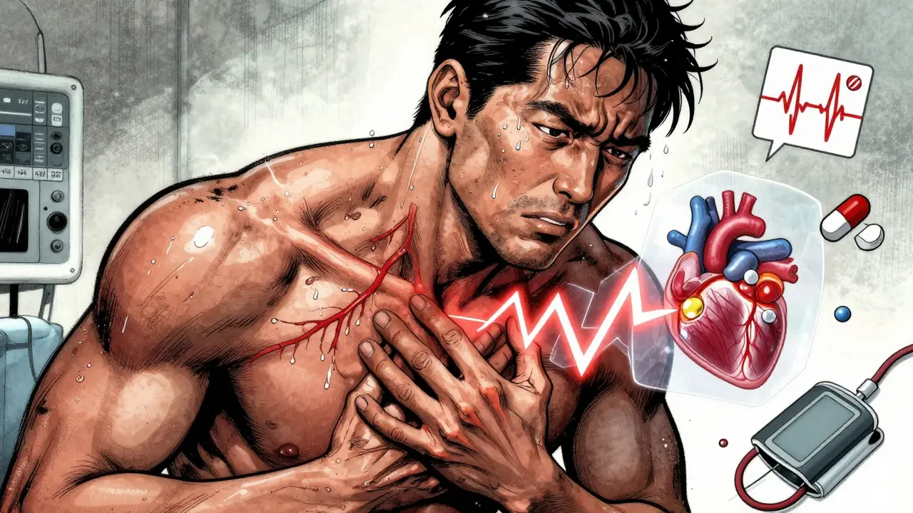 A man in emergency distress with glowing veins and a surging heartbeat, surrounded by medical icons showing yohimbe's violent effects.