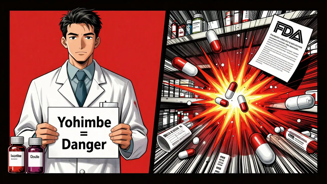 A split scene: a pharmacist offering safe alternatives versus a chaotic shelf of mislabeled, exploding yohimbe supplements.