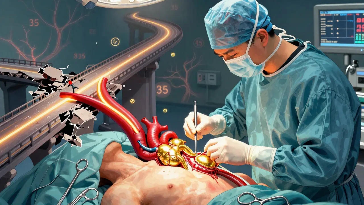 A surgeon performs CABG, connecting a golden arterial graft to the heart’s main artery with glowing bypass pathways.
