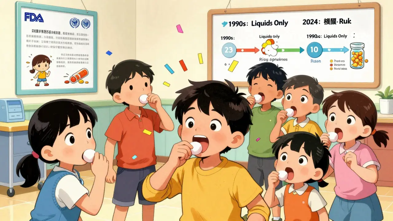 Children practicing swallowing tablets with marshmallows in a cheerful clinic setting.