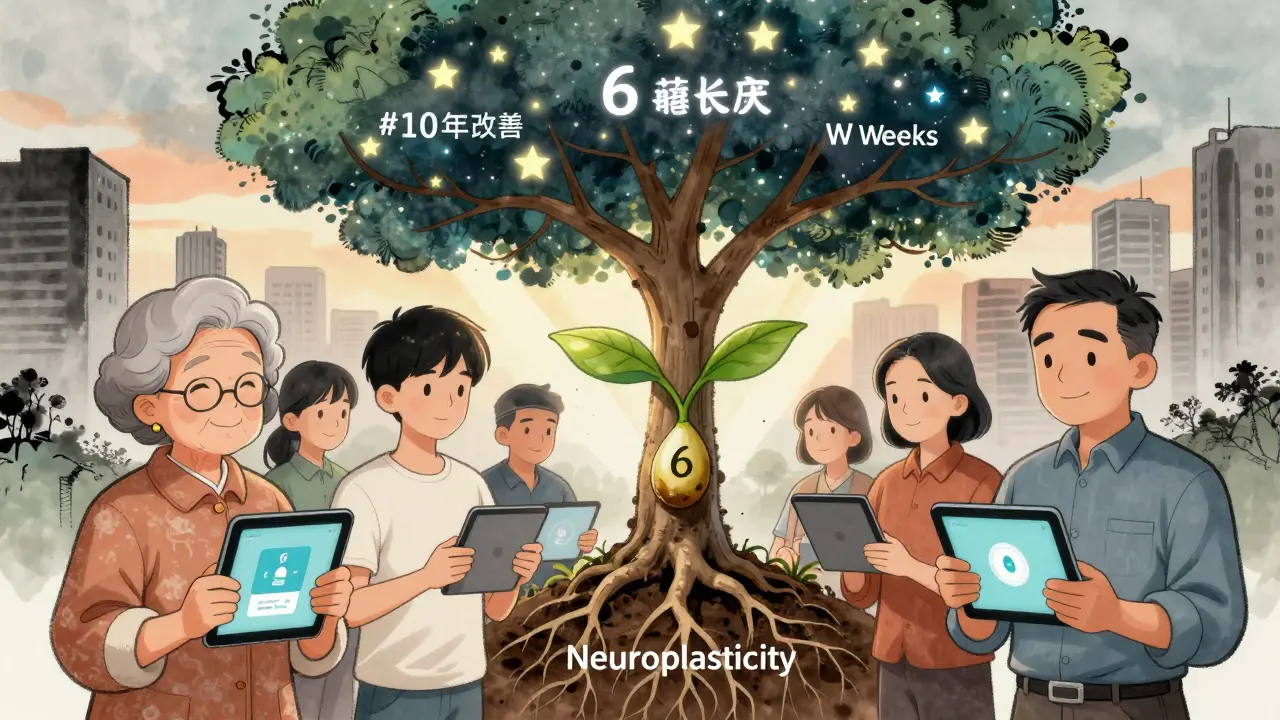 Diverse people use digital CBT-I apps, as a tree grows behind them symbolizing long-term sleep improvement with ink-style art elements.