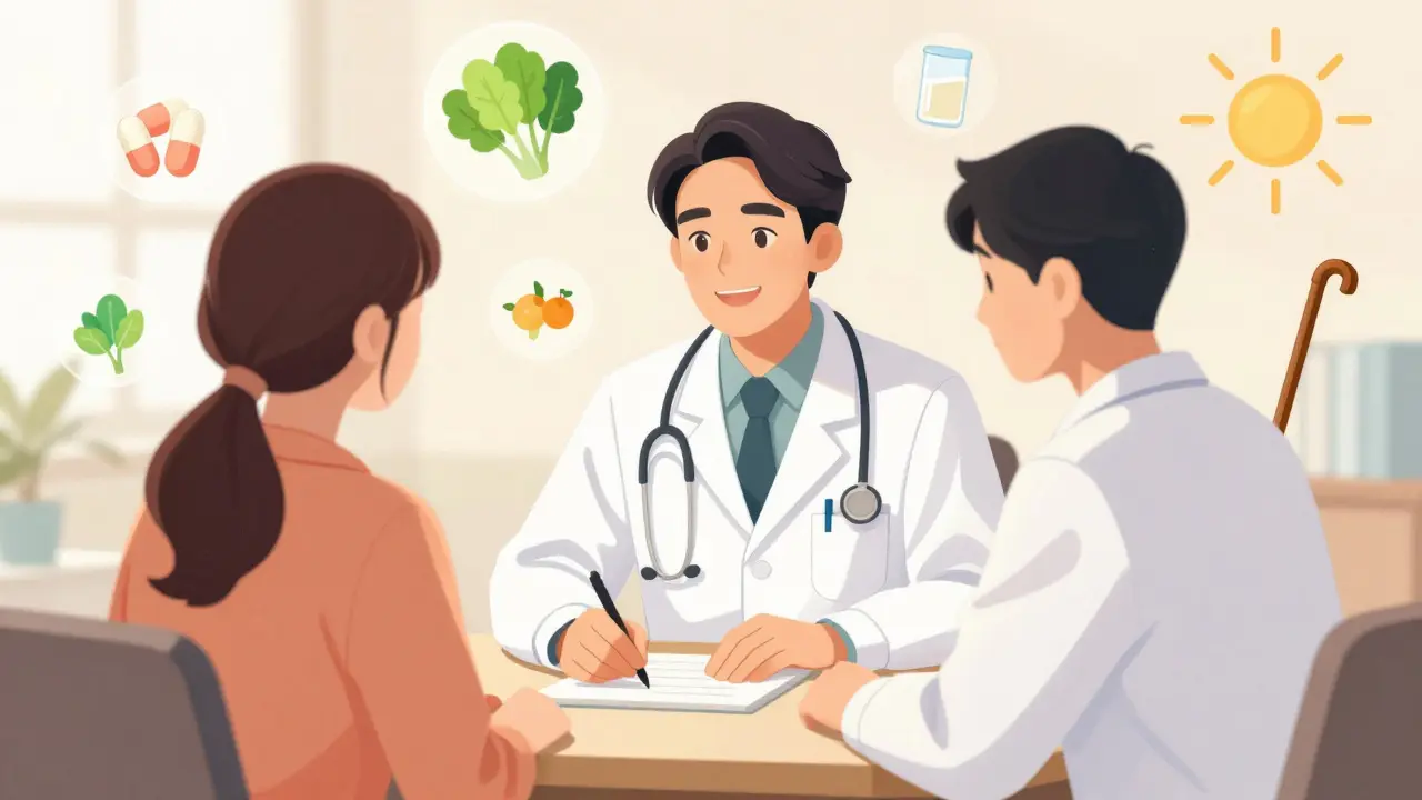 Doctor and patient discussing health with vegetables and walking sticks nearby