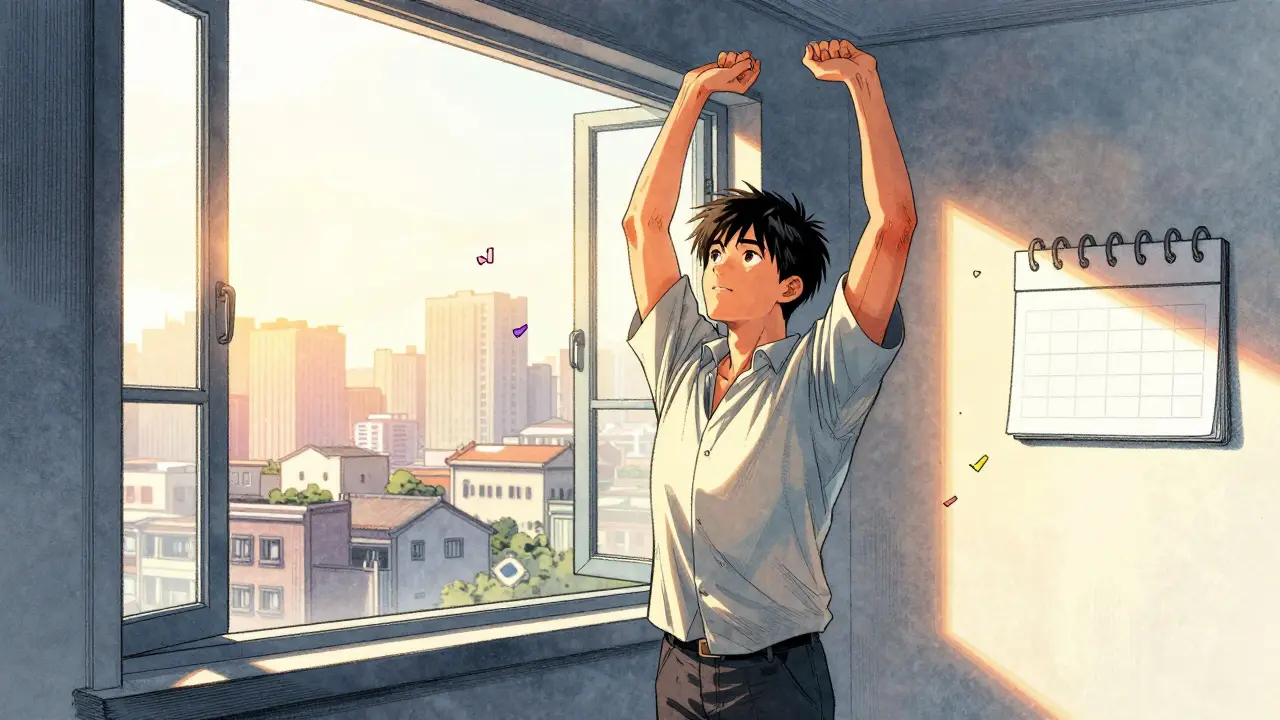 Energized person stretching by sunny window in morning