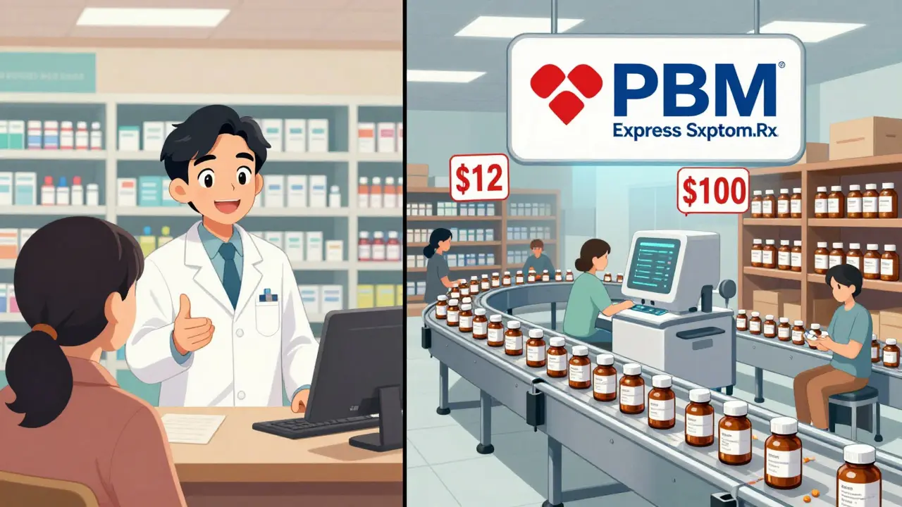 Local pharmacist chats with patient vs automated warehouse shipping pills, price tags show  vs 0 markup.