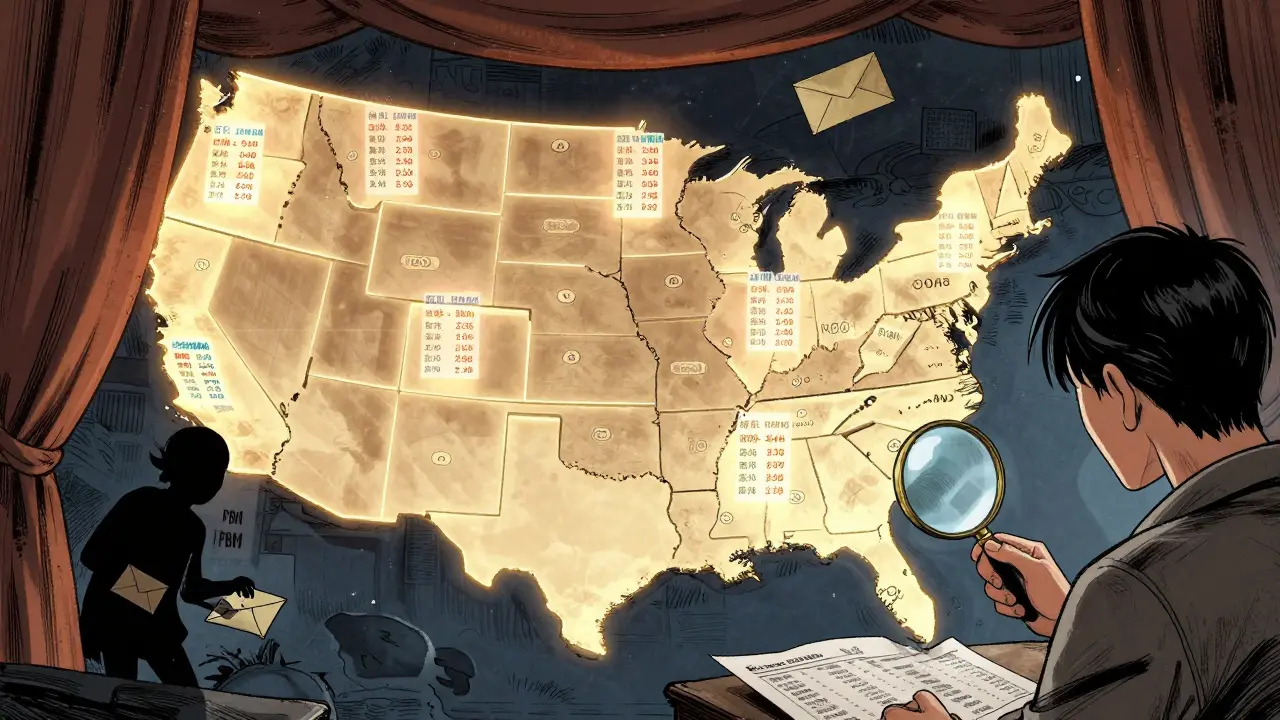 Map of U.S. states showing transparent drug prices while rebates remain hidden behind a curtain.