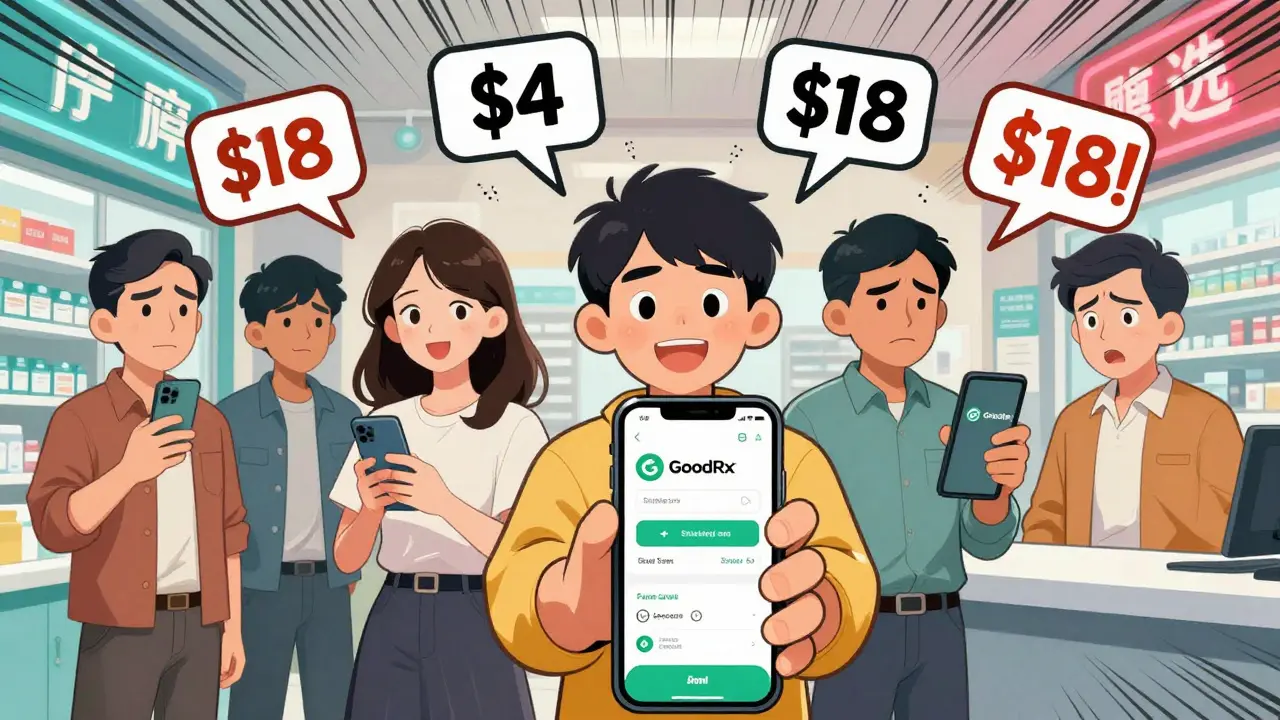 People comparing drug prices on apps while pharmacy counters show different costs.