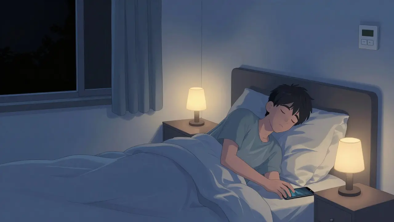 Person putting phone away in dark cool bedroom for sleep