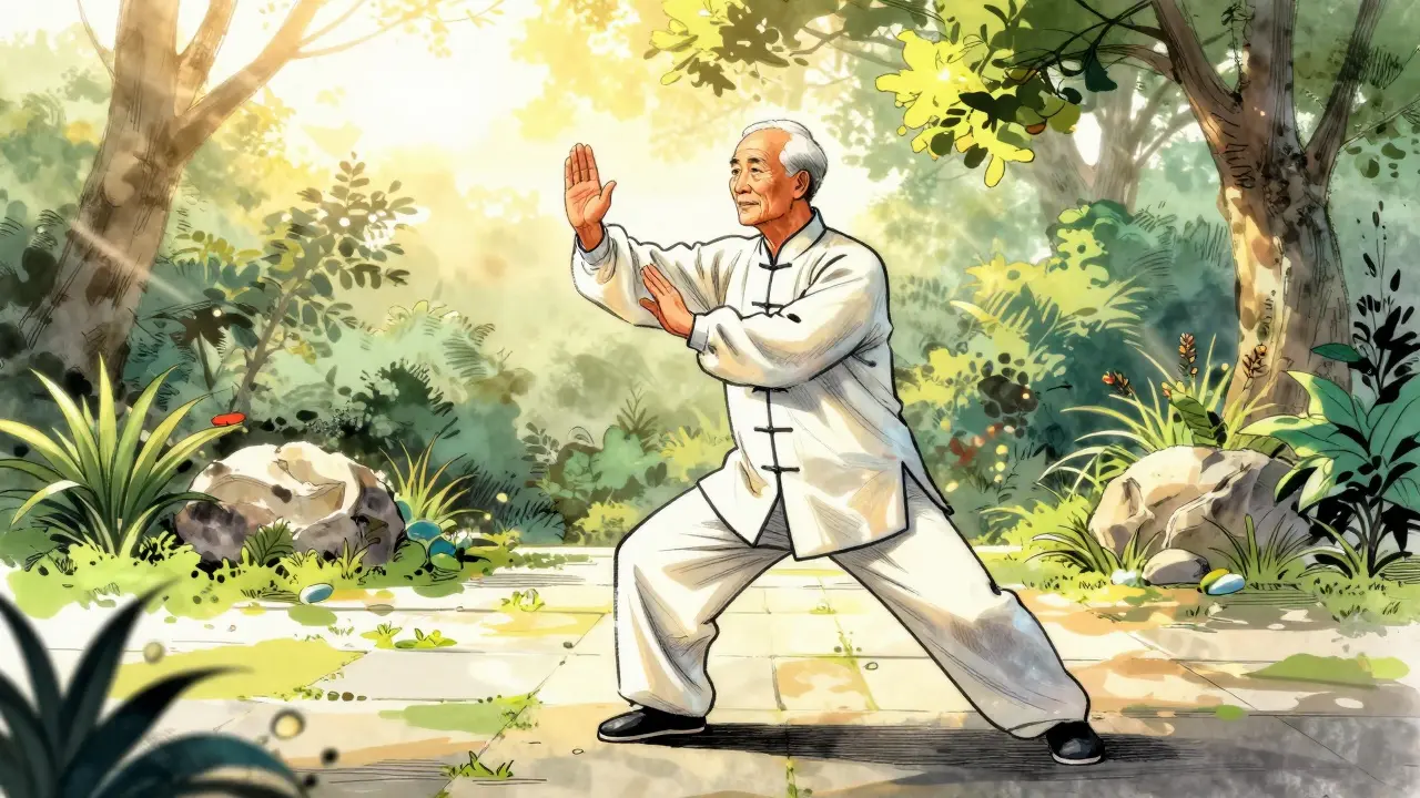 Senior citizen exercising in garden with morning sun representing bone health